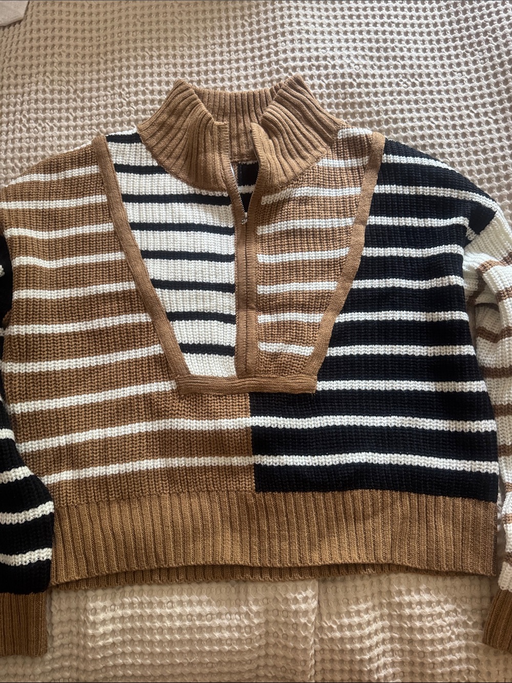 Striped Half-Zip Mock Neck Sweater - Brown/Black/White  NWOT